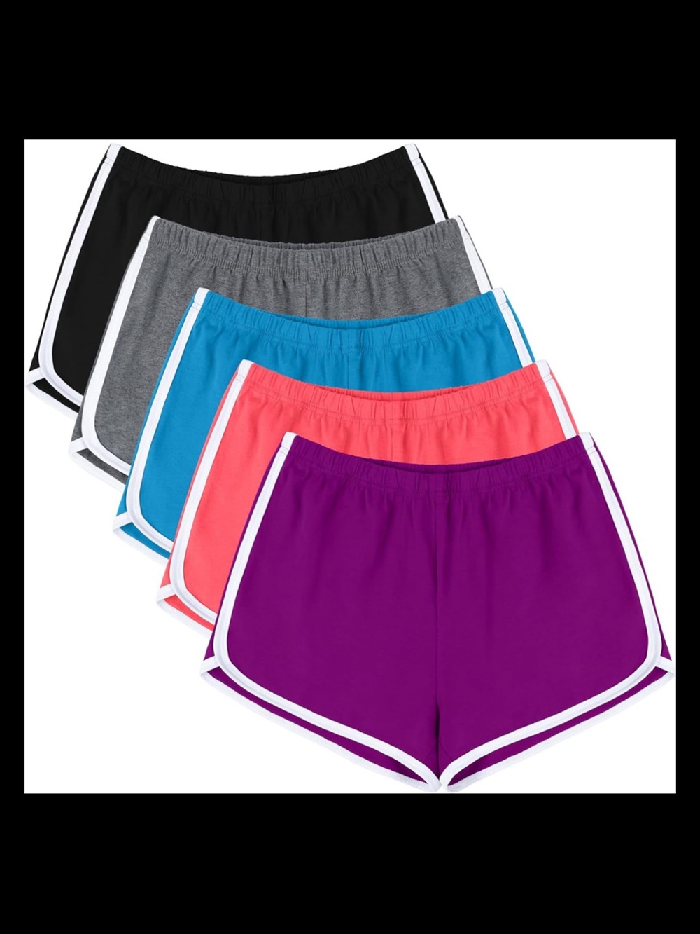 5 pack Women’s Elastic Waist Dolphin Shorts - Purple, Coral, Teal, Gray, Black